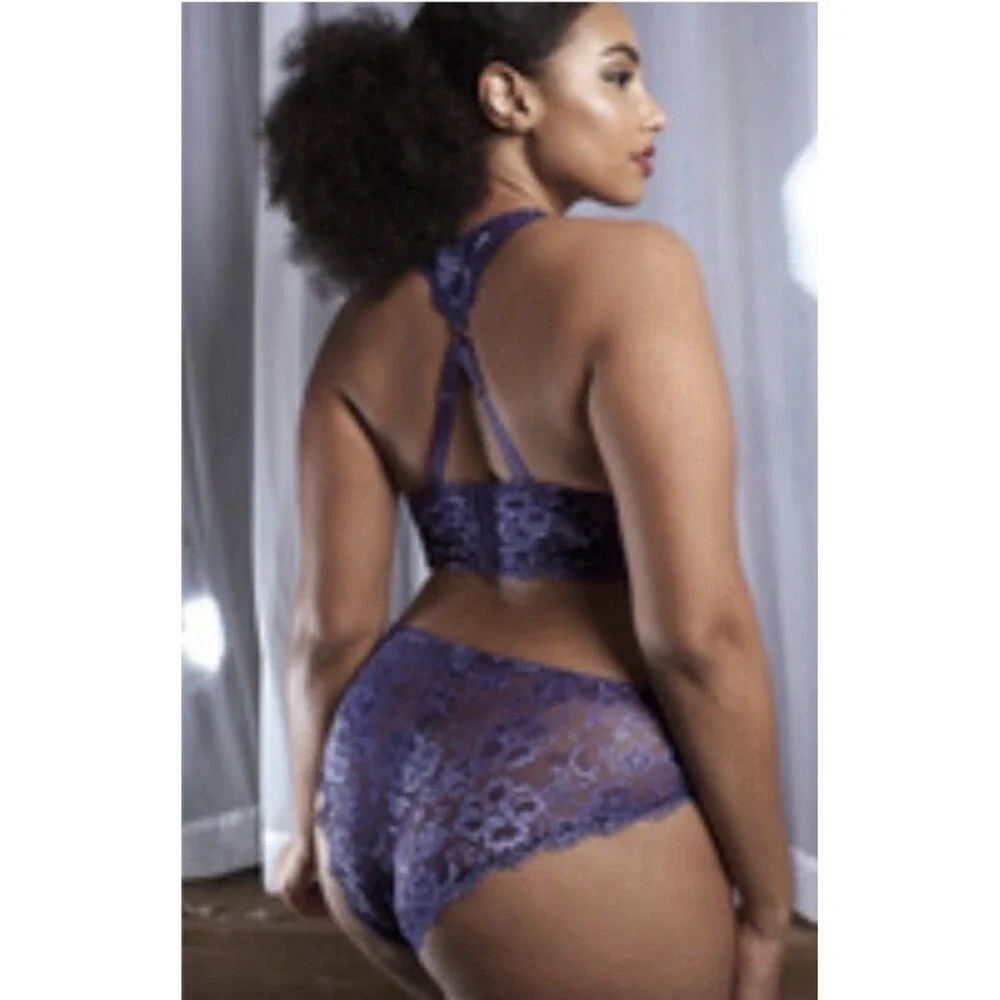 NWT SAVAGE X Fenty Floral Lace High Leg Brazilian Panty 2X DEEP PERIWINKLE BLUE
